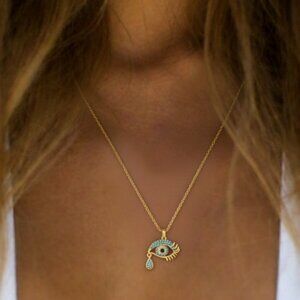 18K Gold Plated Eye Necklace with Blue Cubic Zirconia Crystals
